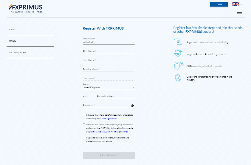 FXPrimus Register form