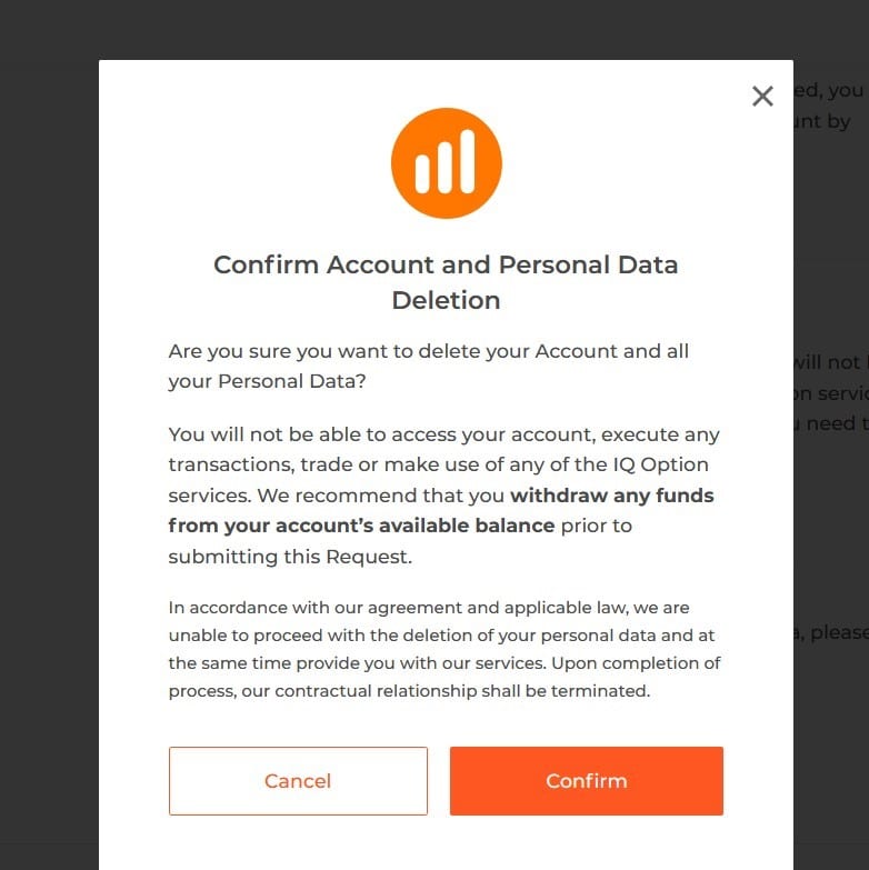 iq option account deletion confirmation page