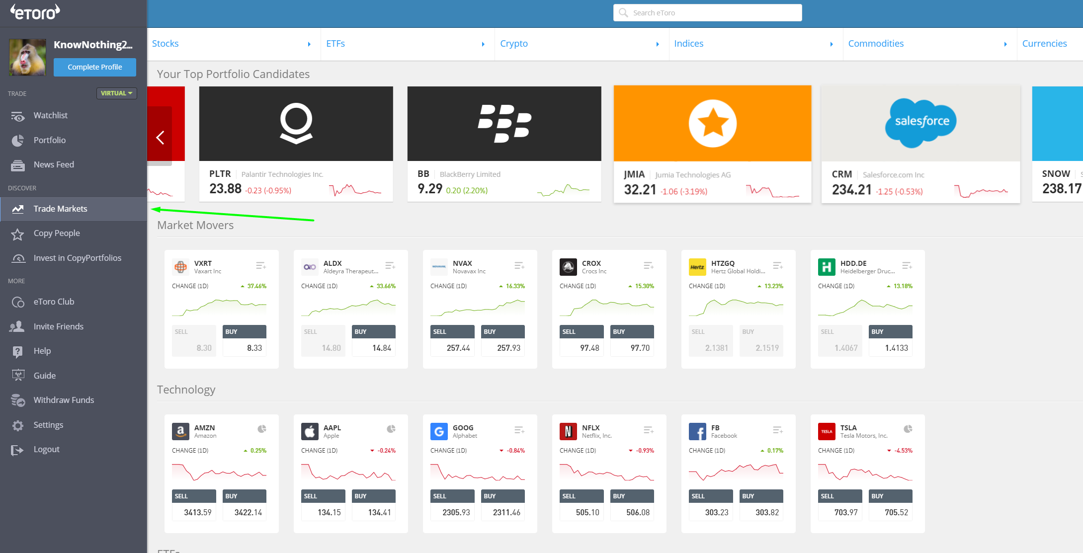 eToro available markets screenshot