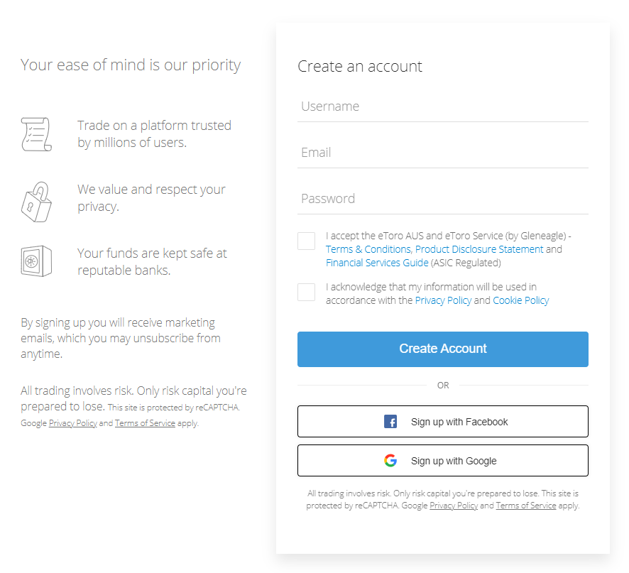 eToro sign-up screen