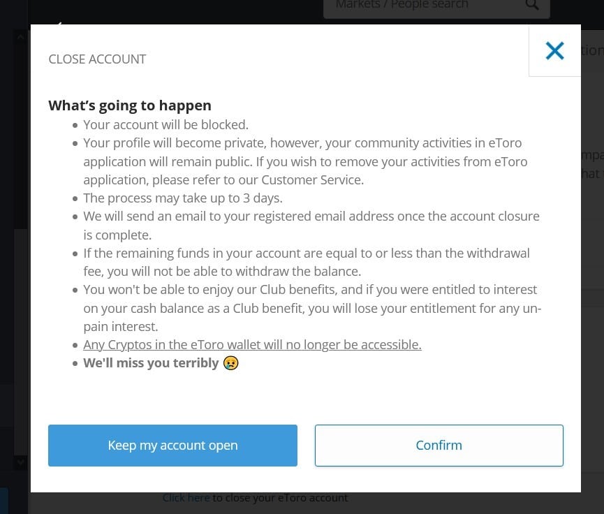 etoro close account button