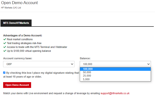 hf markets open demo account