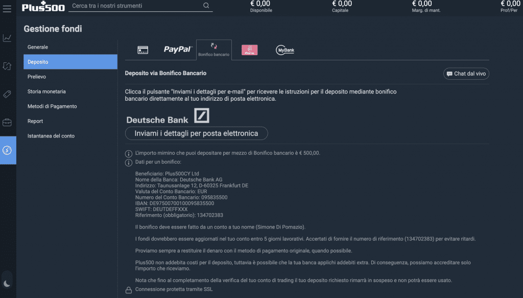 Deposito minimo Plus500 Guida 