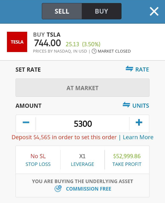 TSLA stock trading in eToro app