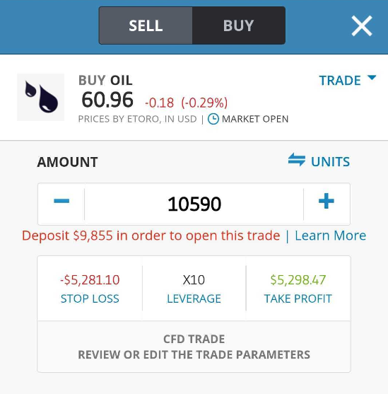 Trading oil on eToro app - example