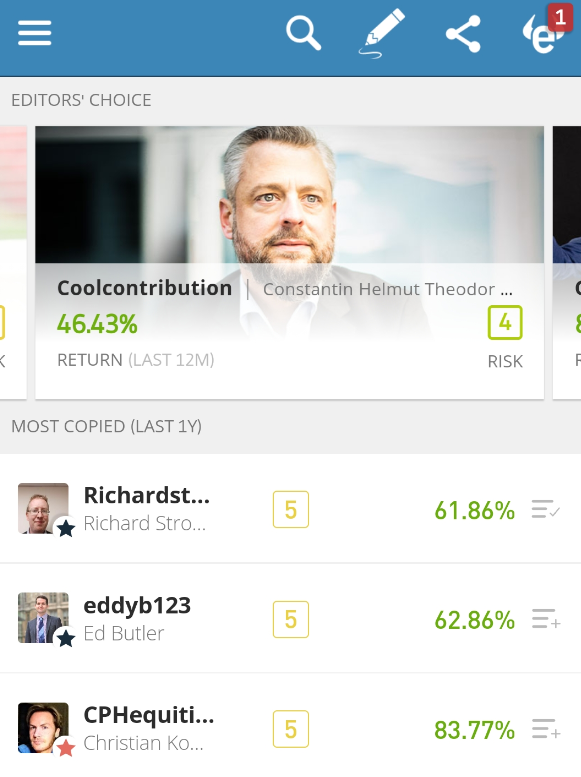 Sample of traders to copy on eToro app