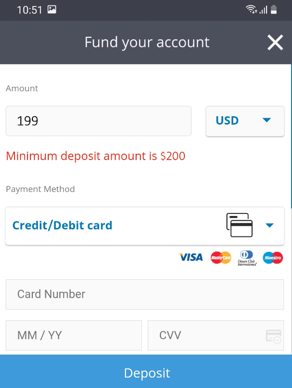 eToro minimun deposit example in the app