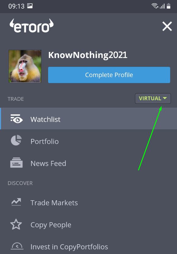 where to switch to demo account in etoro app