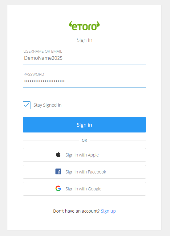 eToro sign in screen
