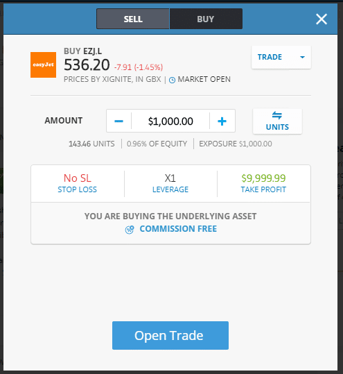 example how to open a trade at the broker eToro