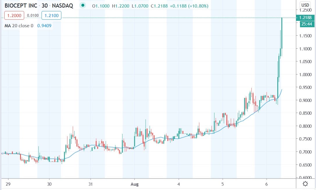 Tradingview chart of Biocept share price 06082020