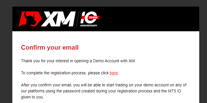 XM email confirmation