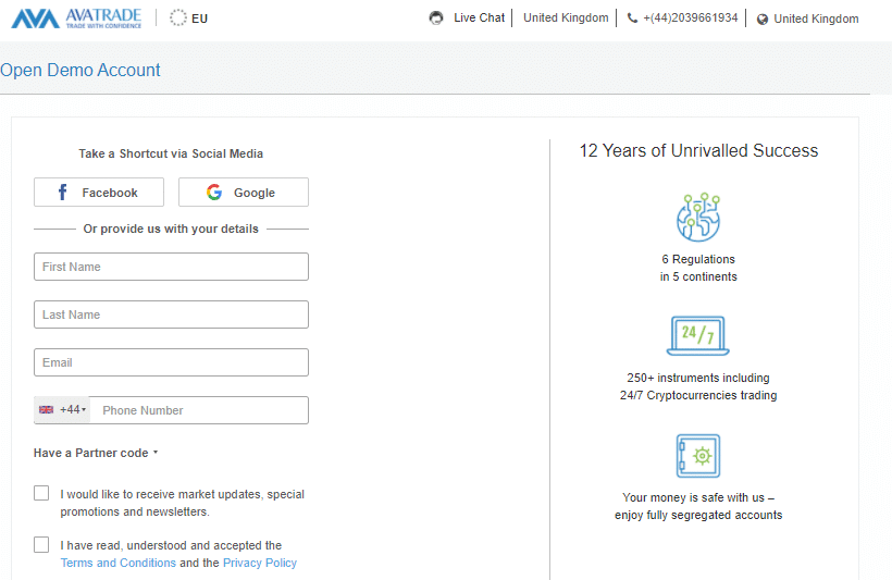 AvaTrade Open Demo Account Page