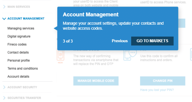 Fineco Demo Account management