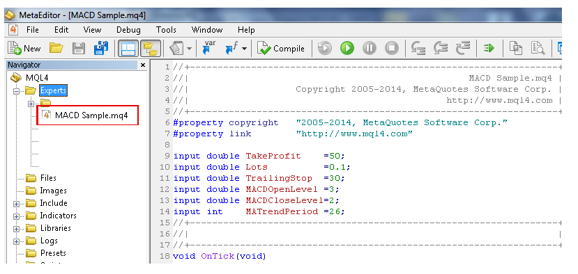 MACD Sample MetaEditor MQL4