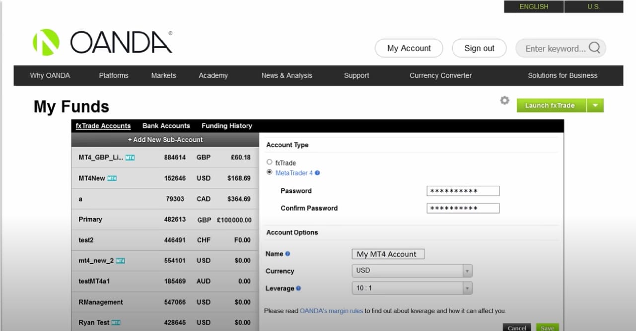 Oanda currency selection