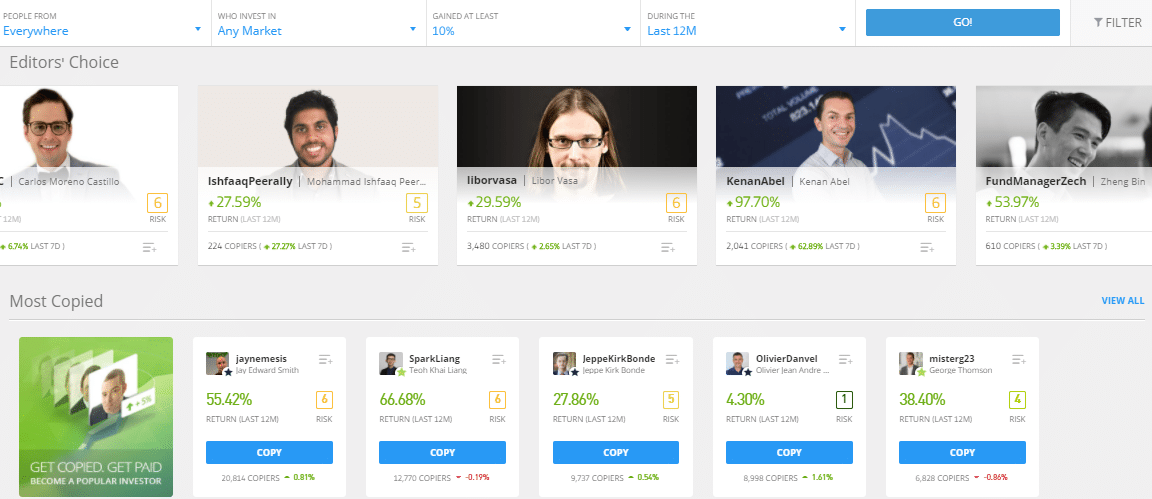 eToro Copy Trading profiles