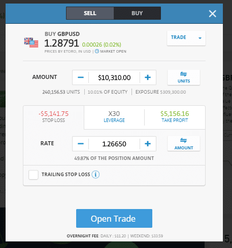 eToro GBPUSD open trade