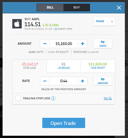 eToro open trade Apple stock