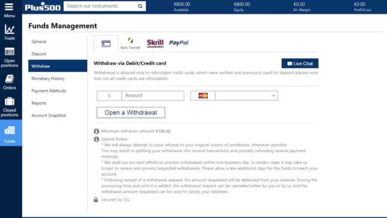 plus500 withdrawal methods