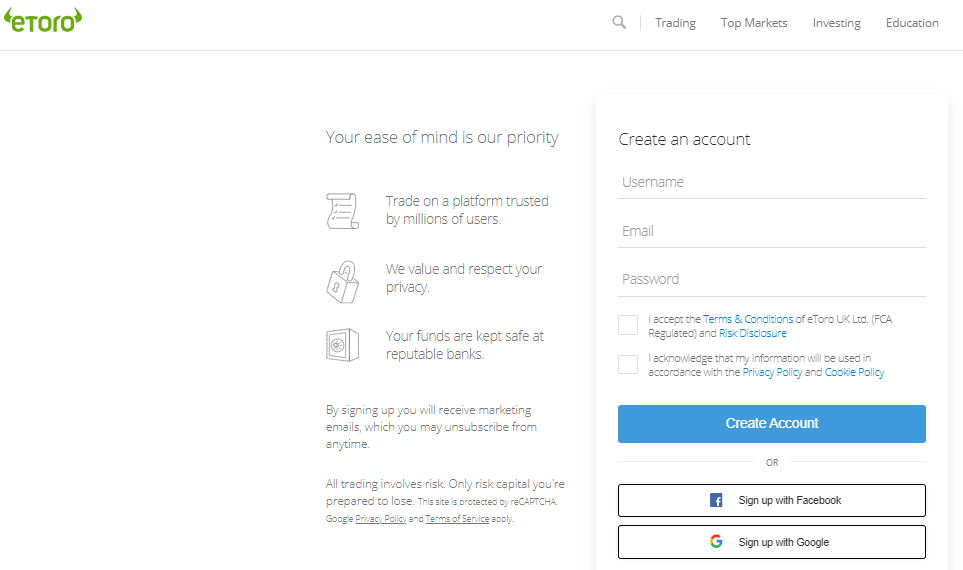 eToro Create Account Page