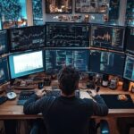 Professional trader analyzing ETF performance charts on multiple computer screens in a modern trading office