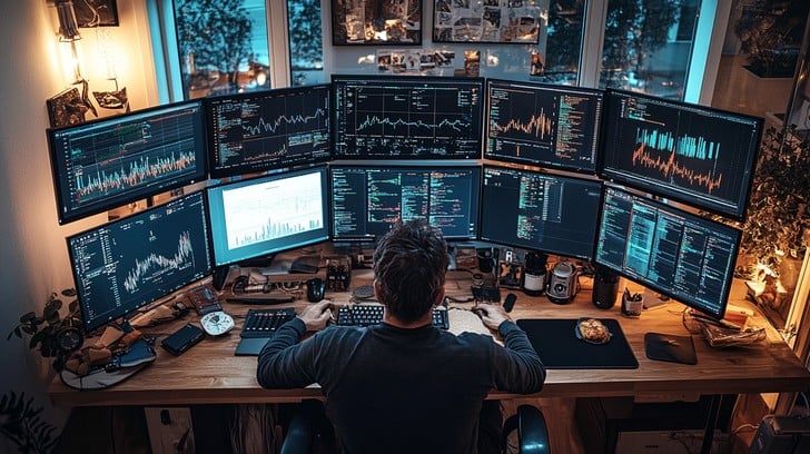 Professional trader analyzing ETF performance charts on multiple computer screens in a modern trading office