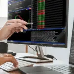 Professional trader analyzing ETF charts and market data on multiple computer screens