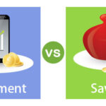Investment vs Savings comparison showing smartphone with charts and piggy bank