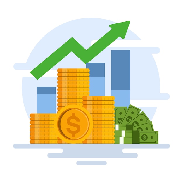 Financial growth chart with coins and upward trending arrow