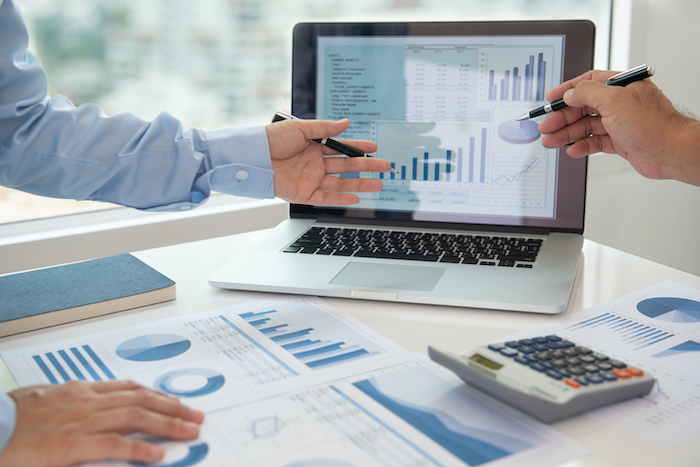 Professional financial advisor reviewing investment portfolio charts and graphs on a computer screen