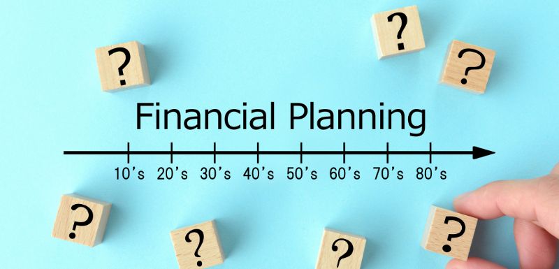 Financial planning timeline showing life decades with question marks