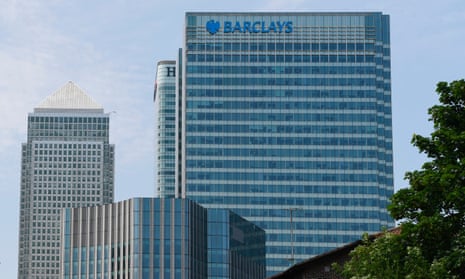 London's Canary Wharf skyline featuring Barclays headquarters and surrounding financial district buildings
