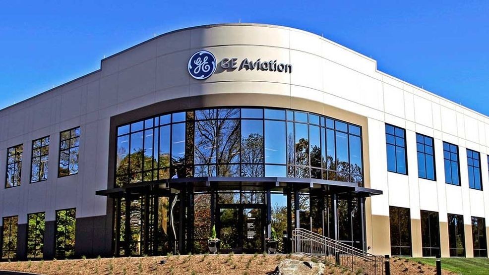 GE Aviation building entrance with modern glass facade and company branding