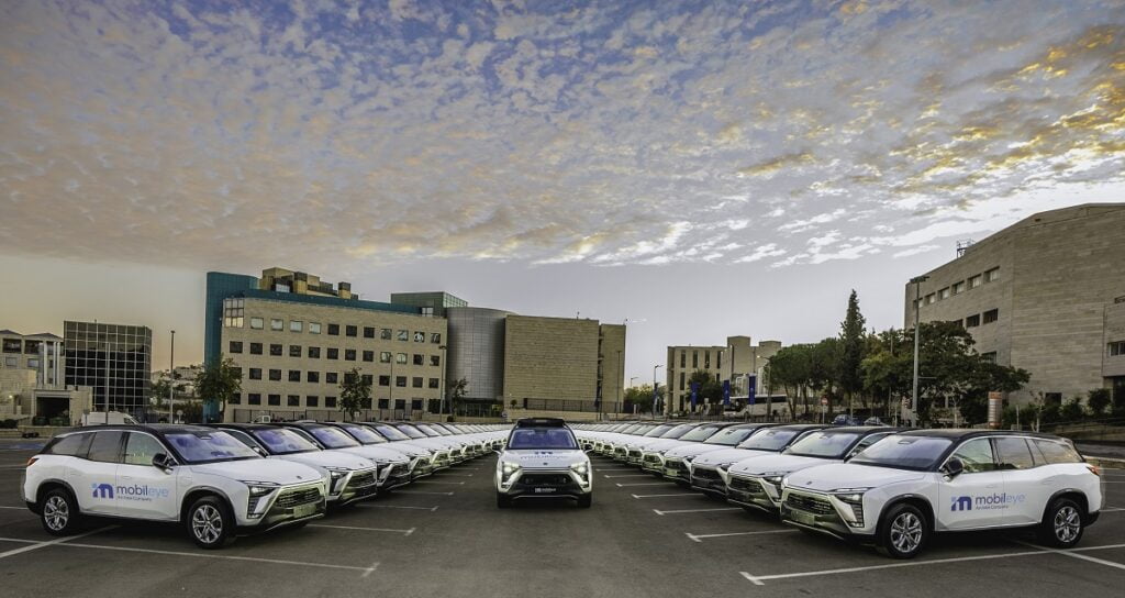 Fleet of Mobileye autonomous test vehicles arranged in formation at company facility