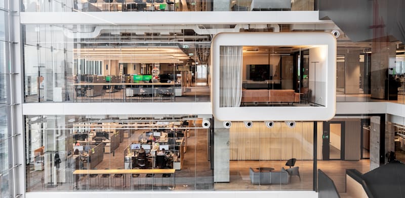 Modern interior of Mobileye office space showing multi-level workspace design