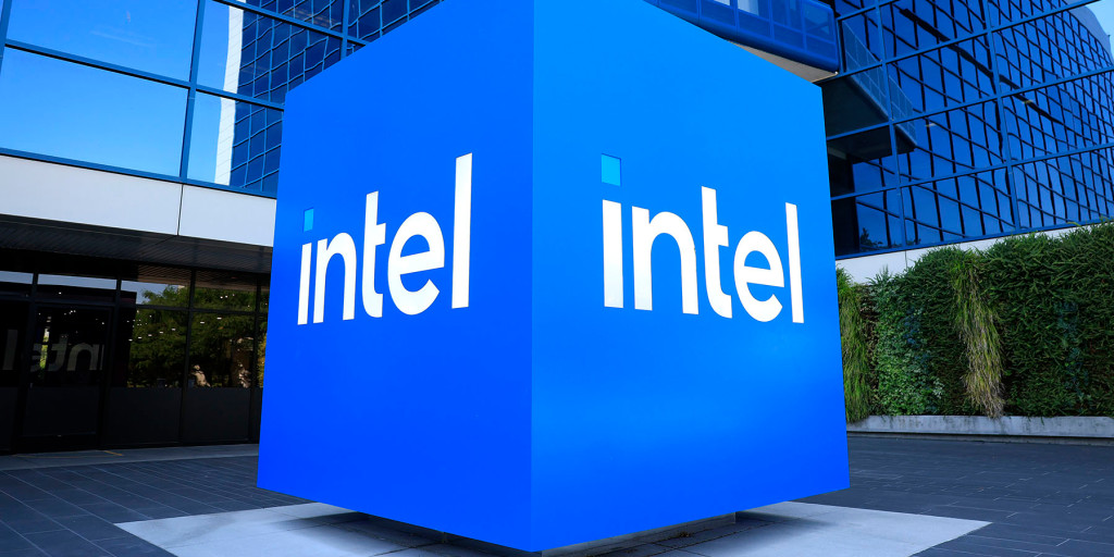 Intel's modern corporate logo at company headquarters