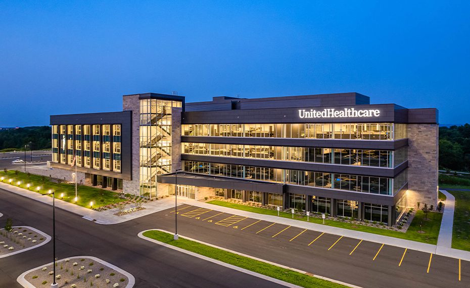 UnitedHealthcare office building at dusk