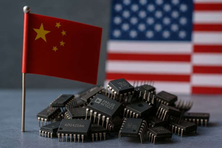 Semiconductor chips with Chinese and American flags representing the geopolitical tensions affecting Texas Instruments' China operations and supply chain