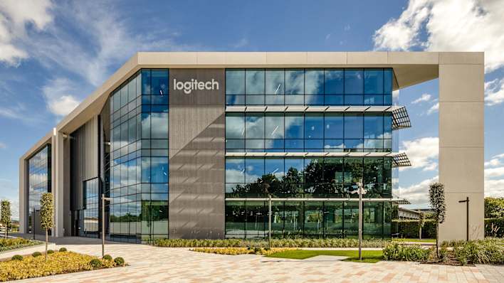 Logitech headquarters building with modern glass facade and company logo