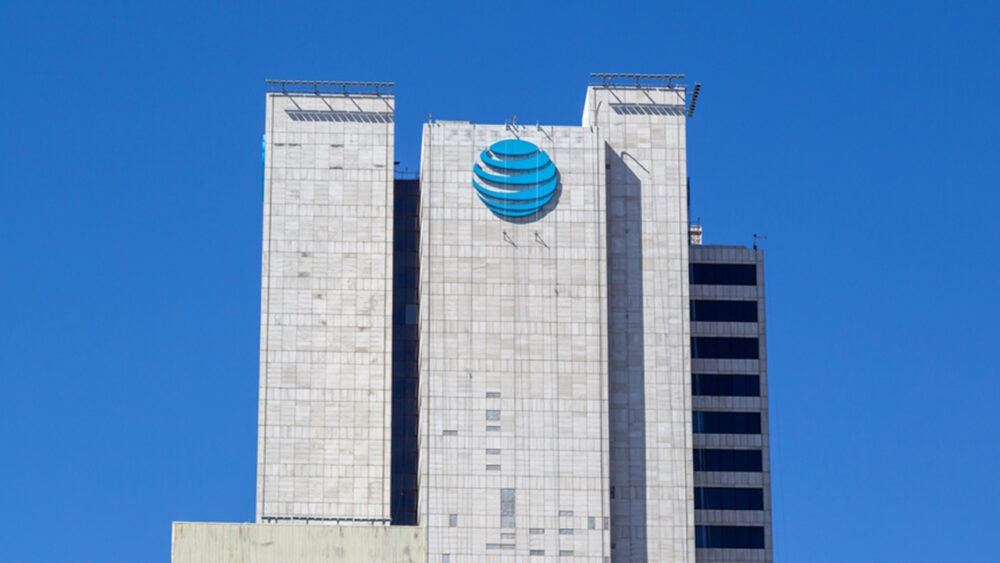 AT&T corporate logo and branding on the company's headquarters building