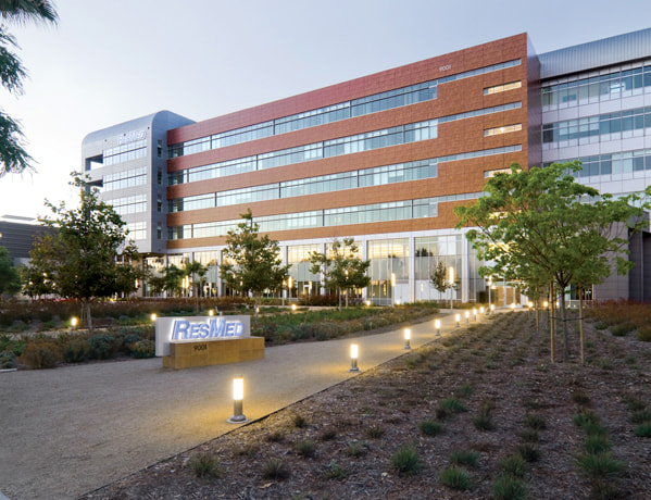 ResMed corporate headquarters building in San Diego, showcasing the company's modern facilities and global sleep health technology operations