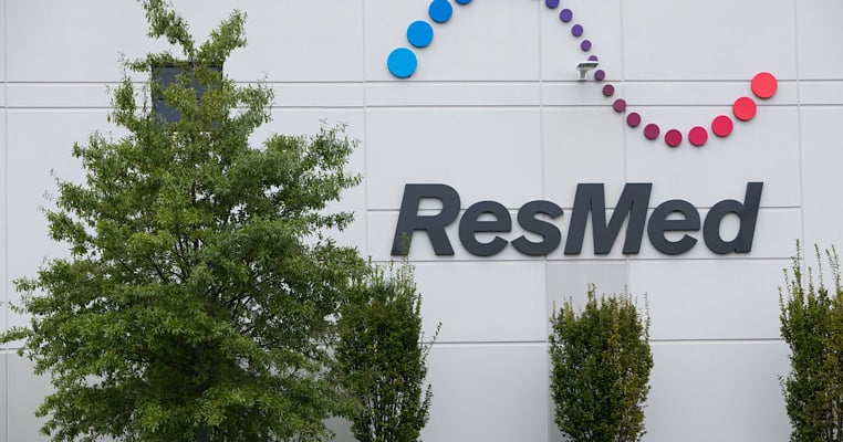 ResMed corporate logo and branding displaying the company's distinctive wave pattern design, symbolizing their focus on breathing and sleep solutions