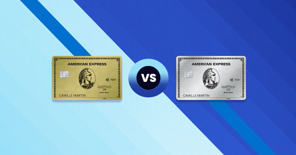 Side-by-side comparison of American Express Gold and Platinum cards with 'VS' symbol between them, illustrating the company's premium product portfolio that drives customer engagement