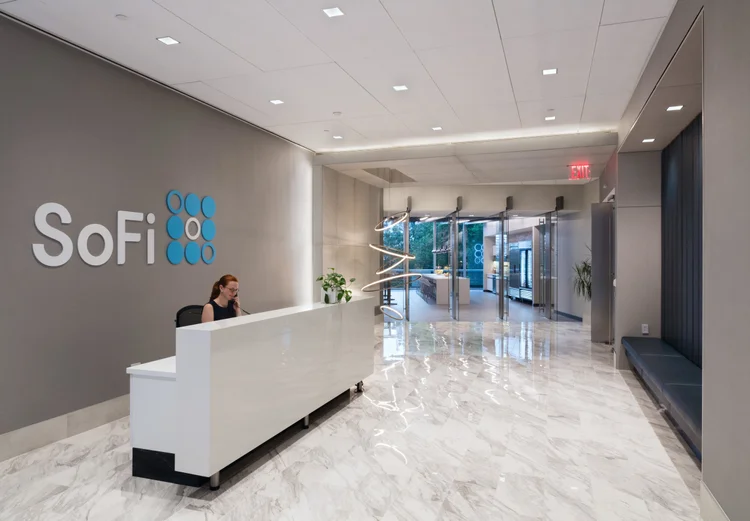 SoFi corporate reception area with company branding
