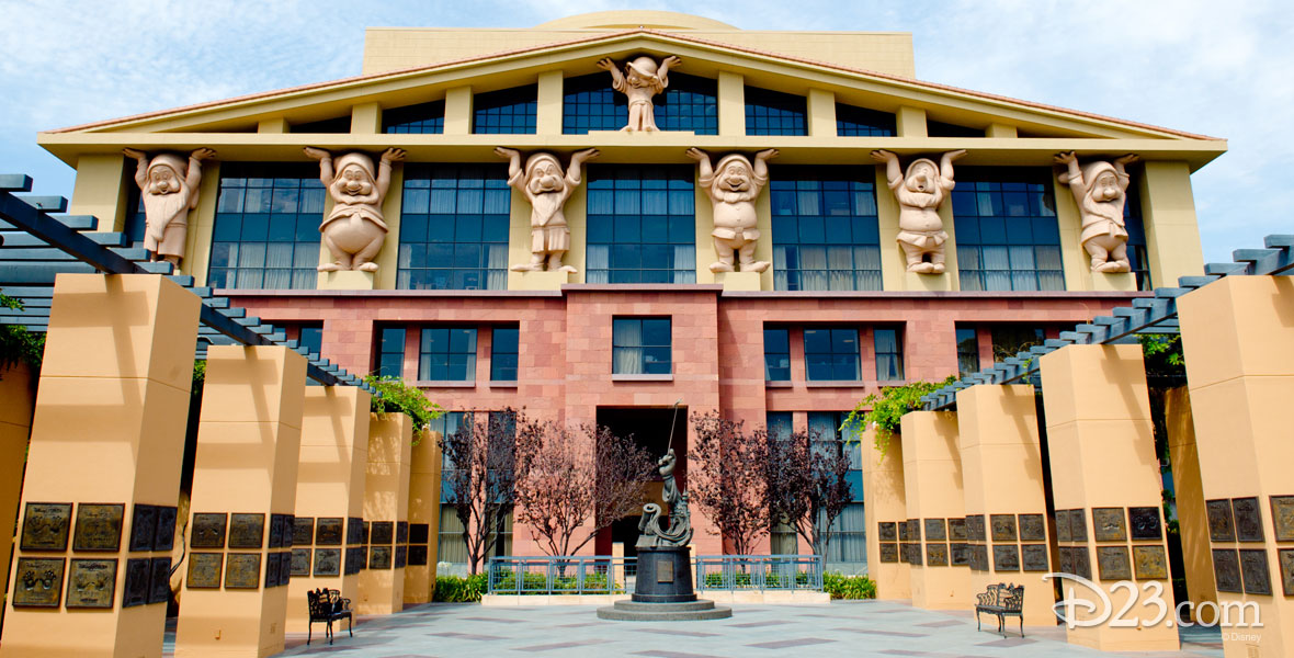 Disney's Team Disney Building in Burbank, California, featuring the iconic Seven Dwarfs architectural elements