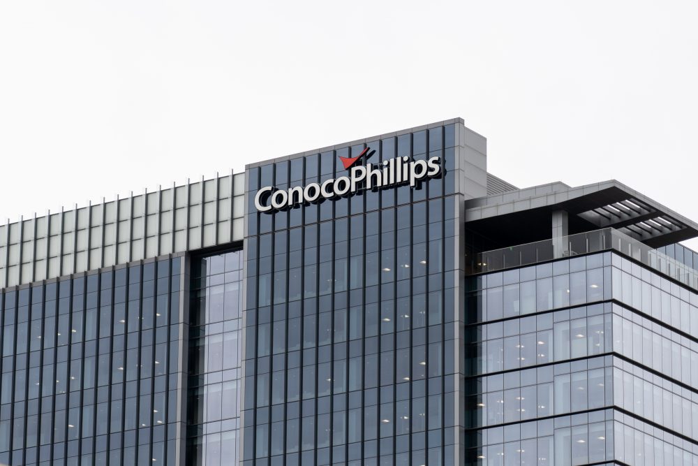 Close-up view of the ConocoPhillips logo on the company's headquarters building