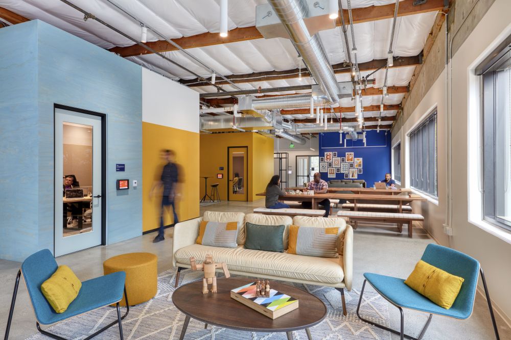 Vibrant office common area with collaborative spaces