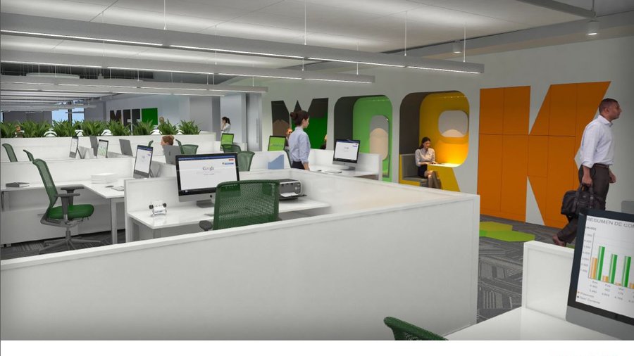 Modern office space with colorful 'WORK' installation