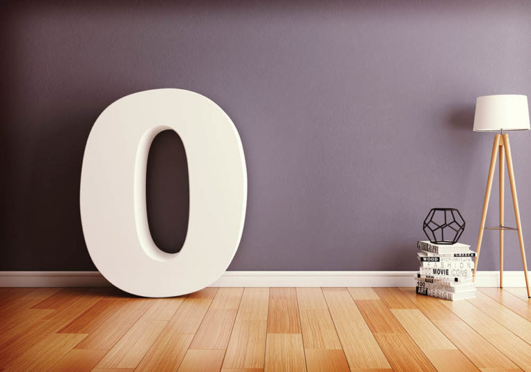 Modern minimalist office interior with large white zero symbol